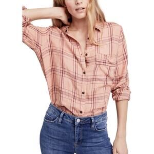 Free People No Limits Peach Plaid Button Up shirt Size Xs